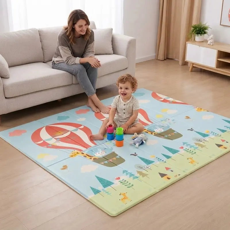 tout petit assis tapis motricité bébé joue maman canapé surveille