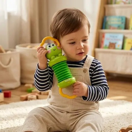 tout petit garçon assis tapis écoute jouet éveil bebe